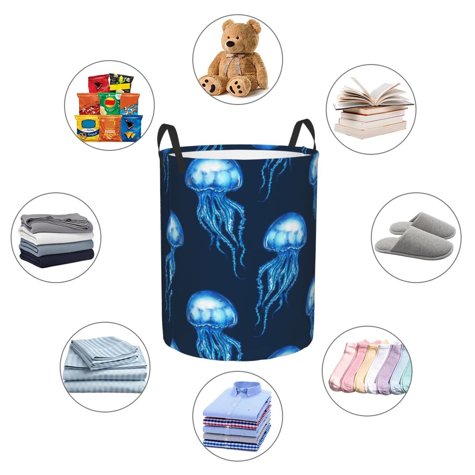 Large Laundry Basket with Handles - Blue White Jellyfish Kids Baby Dirty Clothes Laundry Hamper for Bedroom Aesthetic