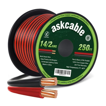14/2 Low Voltage Landscape Lighting Copper Wire 14 Gauge 250Feet Oxygen-Free Copper Cable Wire 2 Conductor 14AWG 250FT Outdoor Direct Burial Electrical Copper Wire