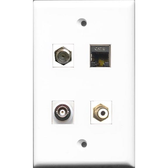 RiteAV 1 Port RCA White and 1 Port Coax Cable TV- F-Type and 1 Port Shielded Cat6 Ethernet and 1 Port BNC Wall Plate