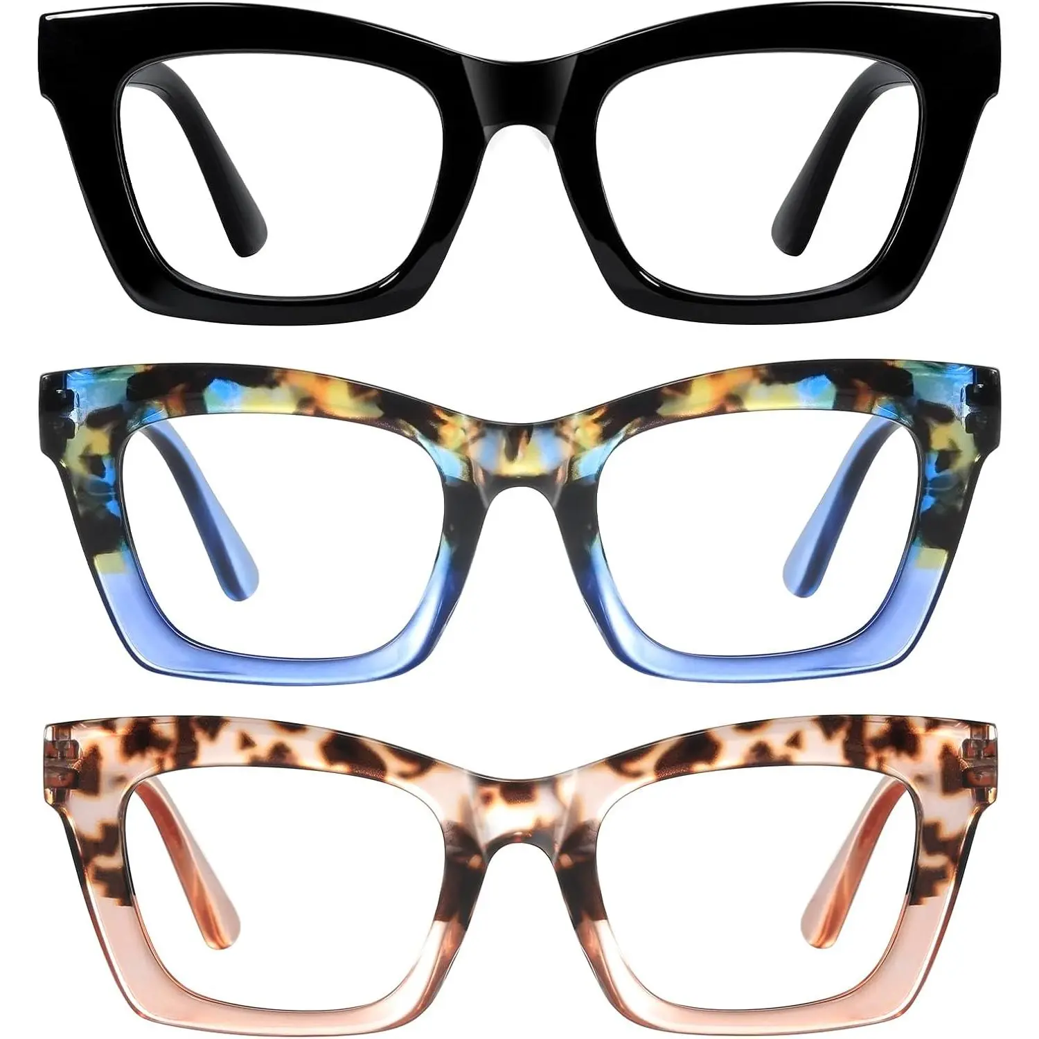 3 Pack Unisex Cat Eye Full Rim Reading Glasses, Oprah Style Oversized Square Blue Light Blocking UV Protection TAC Lens, PA Plastic Lightweight Frame Flexible Spring Hinge Fashion Presbyopia Readers