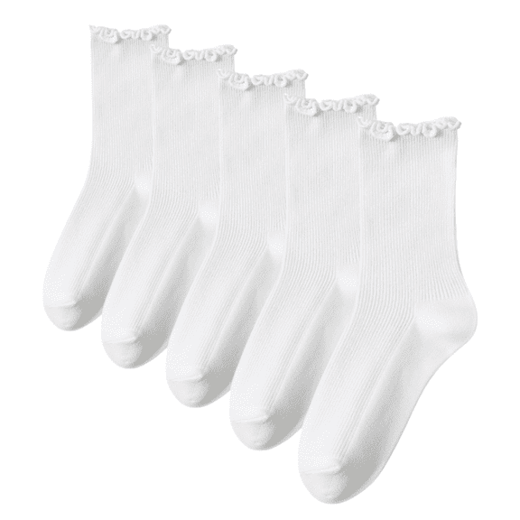 5 Pairs Women's Ruffle Crew Socks - Breathable Stretchy Comfort One Size, White
