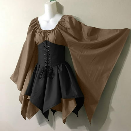 

Egmy Women Costumes Gothic Retro Long Sleeve Corset Dresses Long Sleeve Round-Neck Knee-High Dress Brown S