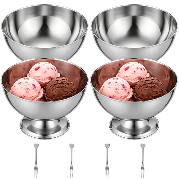 4‑Pack Ice Cream Cups with Forks – 3.9" 304 Stainless Steel Wide Mouth Footed Dessert Bowls, 6.8 oz Reusable Sundae Parfait Dishes, Short Stem for Fruit Salad & Snacks, Set of 4 with Forks