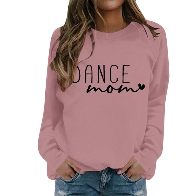 Chandail Femme Automne Danse Imprimé Maman Décontracté Col Rond Chandail en Molleton Manches Longues Basique Chandail-Over Automne Superposition Tops Chandail de Sport Femme Rose S