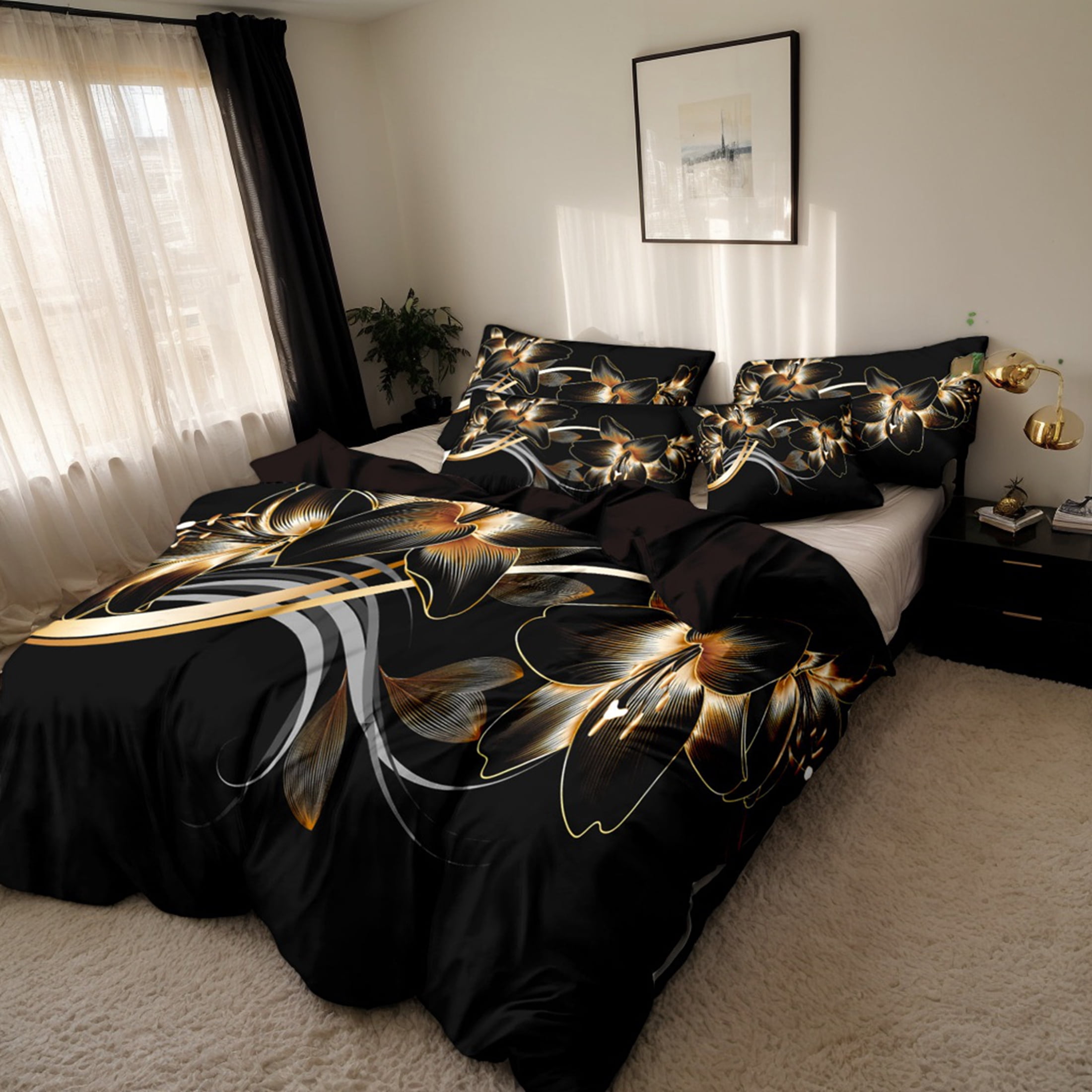 Orylavena Gold Floral Microfiber Duvet Cover Set, Reversible, Twin
