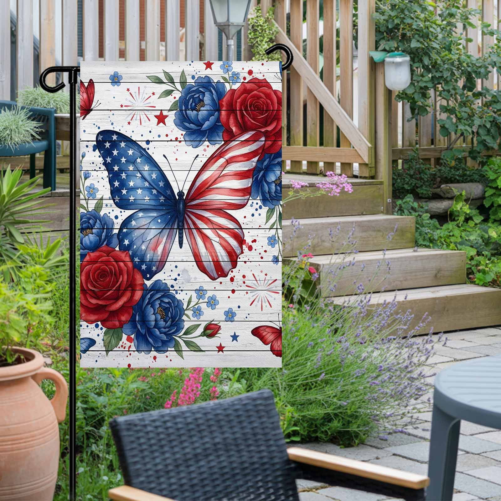 4th of July Garden Flags Red White Blue Butterfly Garden Flag Double Sided Welcome Flag Star Rose Flower Independence Day Yard Flags for Outdoor Lawn Porch Memorial Day Holiday Decor 28x40 Inch