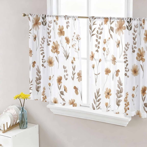 Brown Spring Floral Sheer Curtains 45 Inch Length 2 Panels Set Window Treatments, Flowers Leaves Elegant Pastoral Rod Pocket Semi Curtains for Living Room/Bedroom/Kitchen Décor, 104"W x 45"L