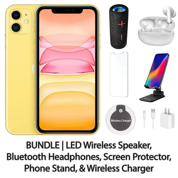 Restored Apple iPhone 11 256GB Yellow Fully Unlocked Bundle: LED Wireless Speaker, Bluetooth Headphones, Screen Protector, Wireless Charger, & Phone Stand (Refurbished)