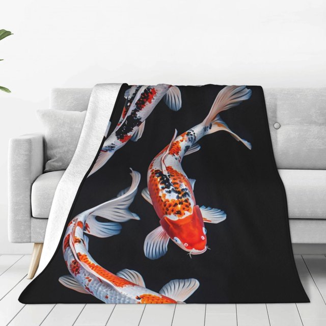 Fotbe Tricolor Koi Fish Trio Manta de Franela Acolchonada con Estampado, Súper Suave y Esponjosa, Extra Grande para Sofá, Cama, Uso Todo el Año-80"x60"