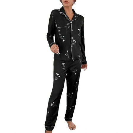 

2pcs Set Casual Plants Print Lapel Neck PJ Pant Sets Long Sleeve Black Women s Pajama Sets (Women s)