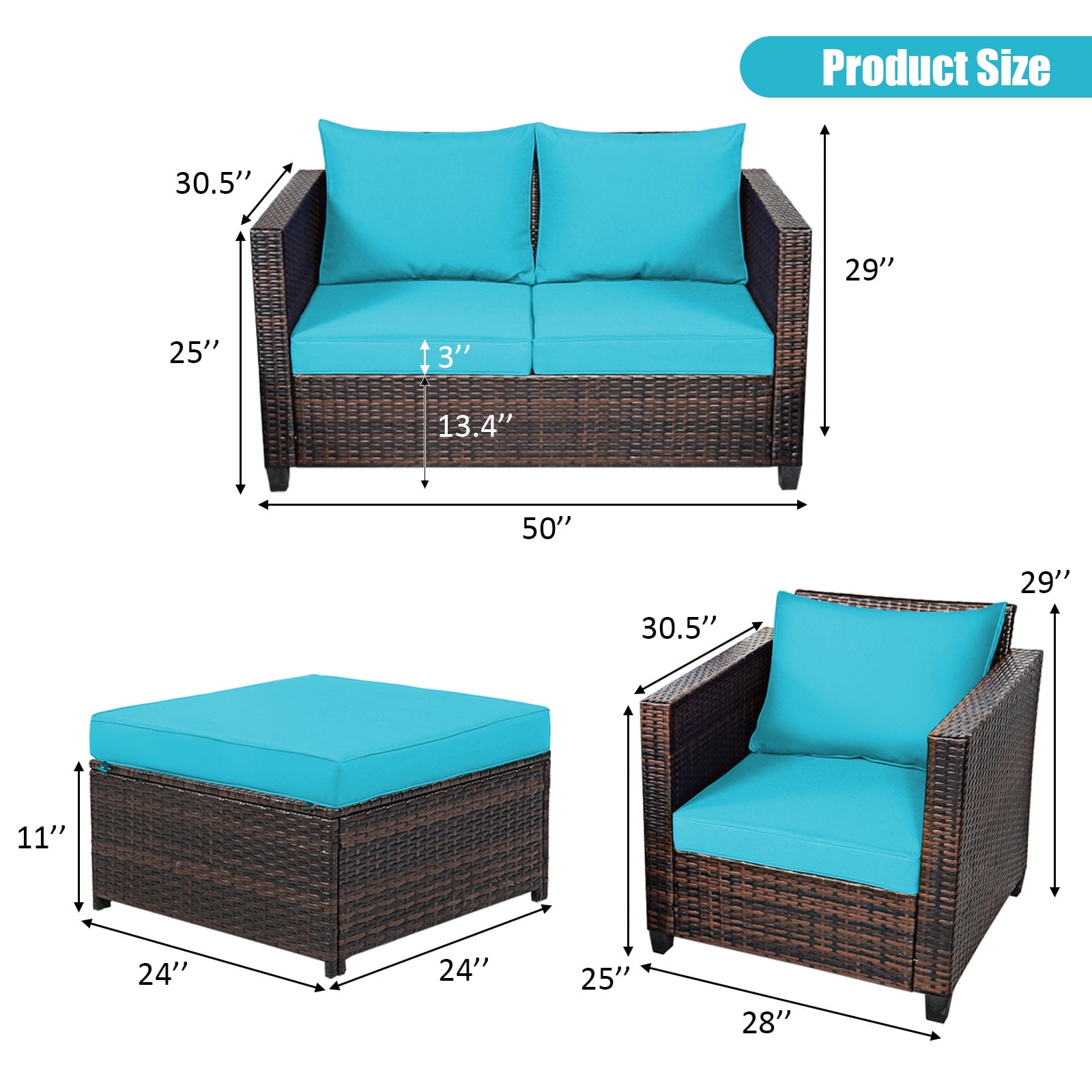 Gymax 5PCS Outdoor Patio Rattan Conversation Sofa Furniture Set w/ Turquoise Cushions
