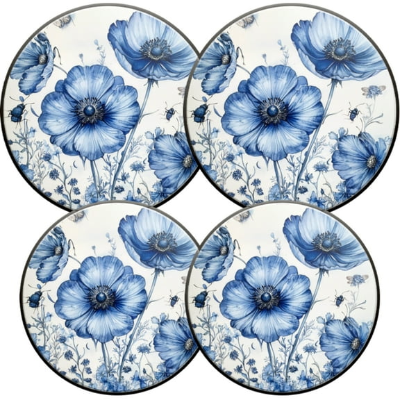 Electric Stove Burner Covers,4 Pcs Round Gas Burner Cover,8 and 10 Inch,Blue Flowers and Insects Picture