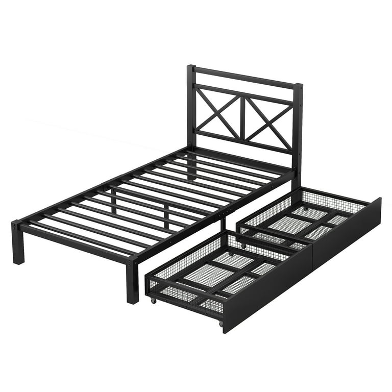 Sesslife Black Metal Platform Bed with Storage Twin Size Bed Frame with Headboard and 2 Drawers No Box Spring Needed Modern Bedroom Single Bed Frame for Kids Teens Adults Holds 350LBS