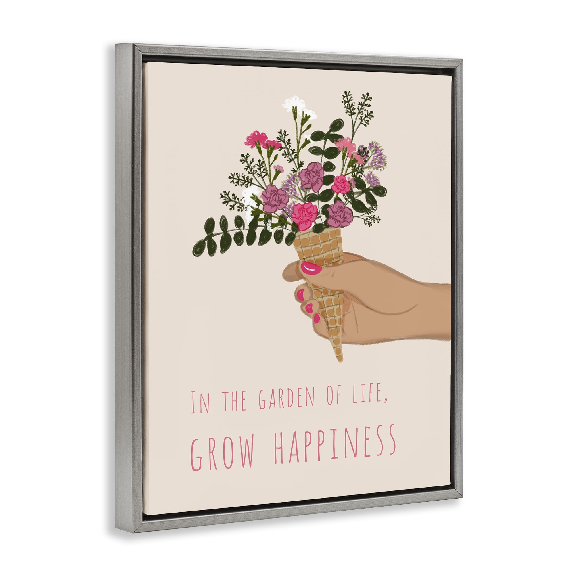Stupell Industries Grow Happiness with Florals Plants & Flowers Painting Gray Floater Framed Canvas Art Print Wall Art, 25 x 31