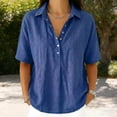thumbnail image 4 of Miluxas Women's Cotton Linen Button Up Short Sleeve Blouse Lapel Loose Fit Work office Tunic Shirts Summer Beach Vacation Outfits Blue, 4 of 5