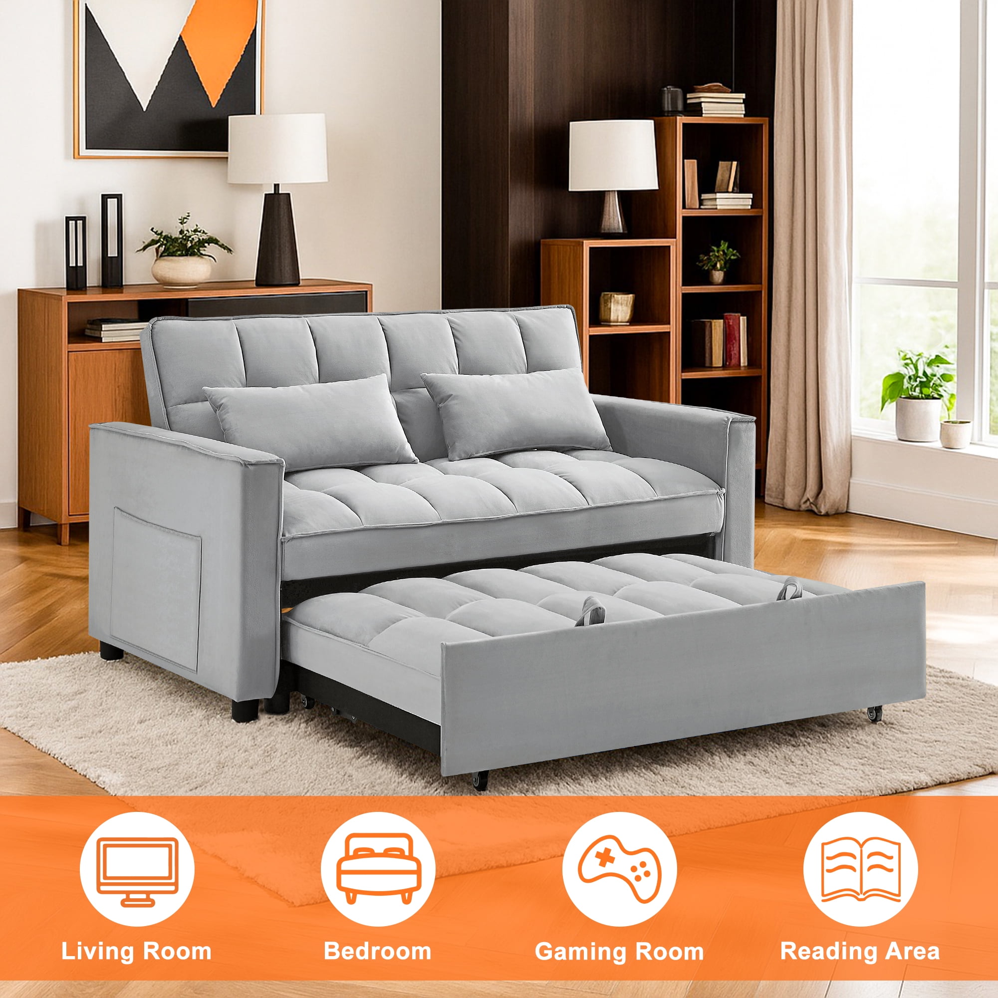 Demi Bonn 3 in 1 Convertible Sleeper Sofa Bed with Side Pocket, Adjustable Backrest Velvet Futon Couches for Living Room, Pull Out Couch, Loveseat, Gray