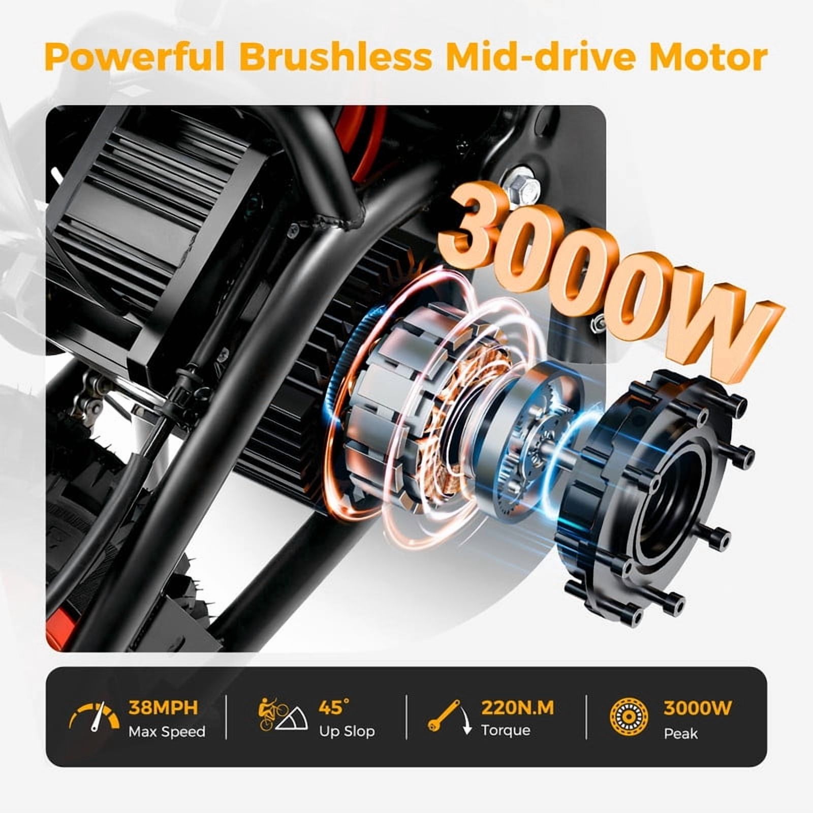 3000W 48V Electric Dirt Bike for Adults 38MPH Top Speed 38 Miles Range Full Suspension UL2849 Certified