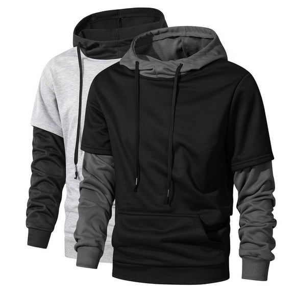 BiZtdJrK Mens Fashion Hooded Pullover Faux Two-Piece Sweatshirts Color Block Long Sleeve Sweatshirt Drawstring Casual Hoodies with Pocket Black XXL