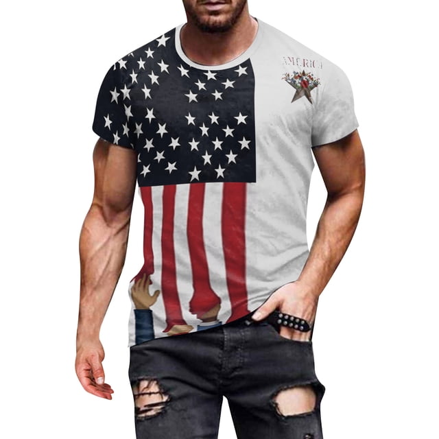 LUOGENLI T-shirts pour Hommes T-shirts d'Été Mode Décontractée Col Rond Impression Numérique 3D Jour de l'Indépendance t-Shirt Manches Courtes T-shirts Graphiques Pâques Blanc m
