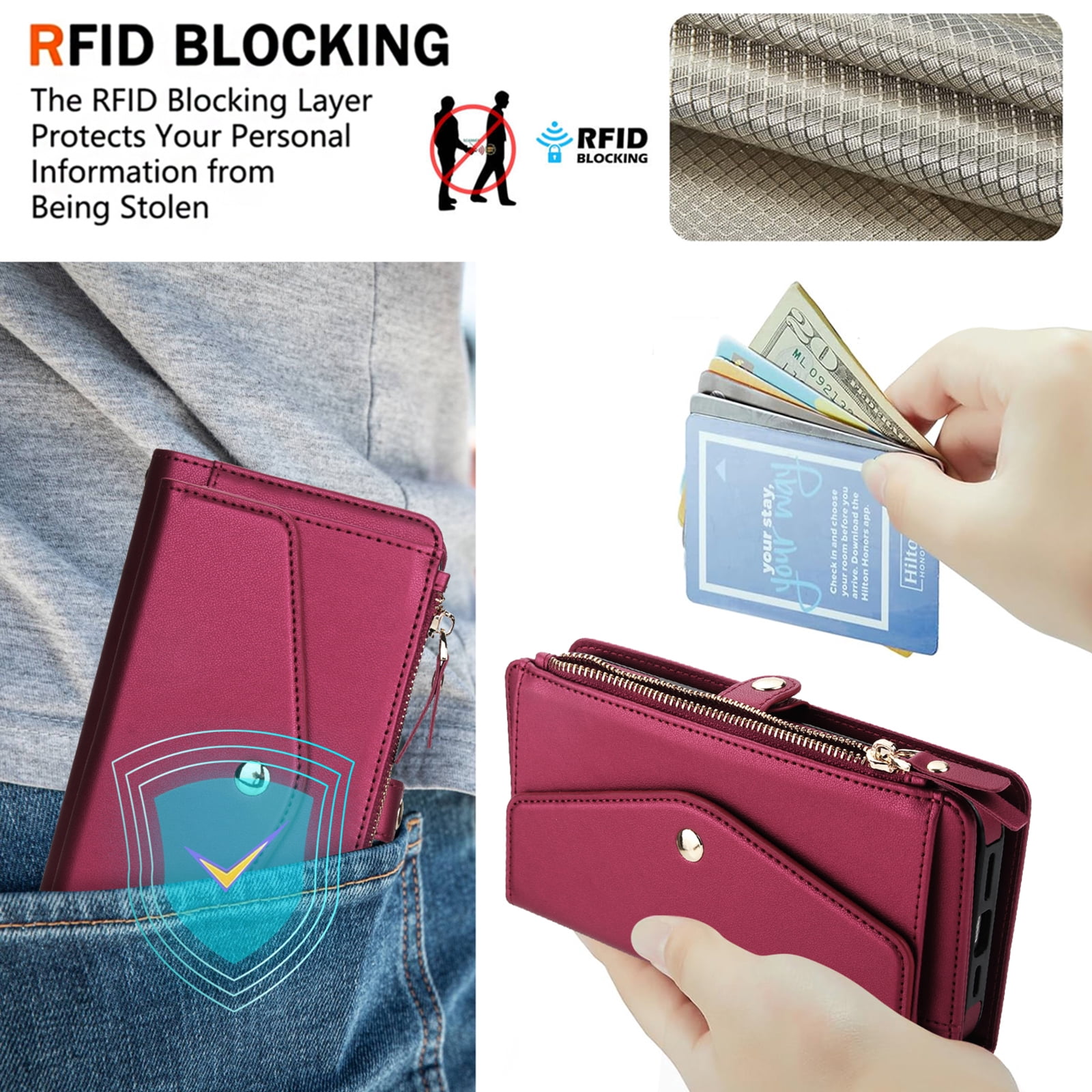 Dteck Crossbody Wallet for iPhone 14 Pro with Detachable Magnetic Phone Case, Compatible with MagSafe, RFID Blocking PU Leather Flip Cover Wrist Strap Zipper Card Holder Slots,Red