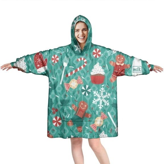 Wearable Oversized Blanket,Green Christmas Baking Pattern Wearable Blanket Hoodie for Adults,Cozy Hooded Blankets with Super Pockets,Super Warm Fuzzy Pullover for Women & Men