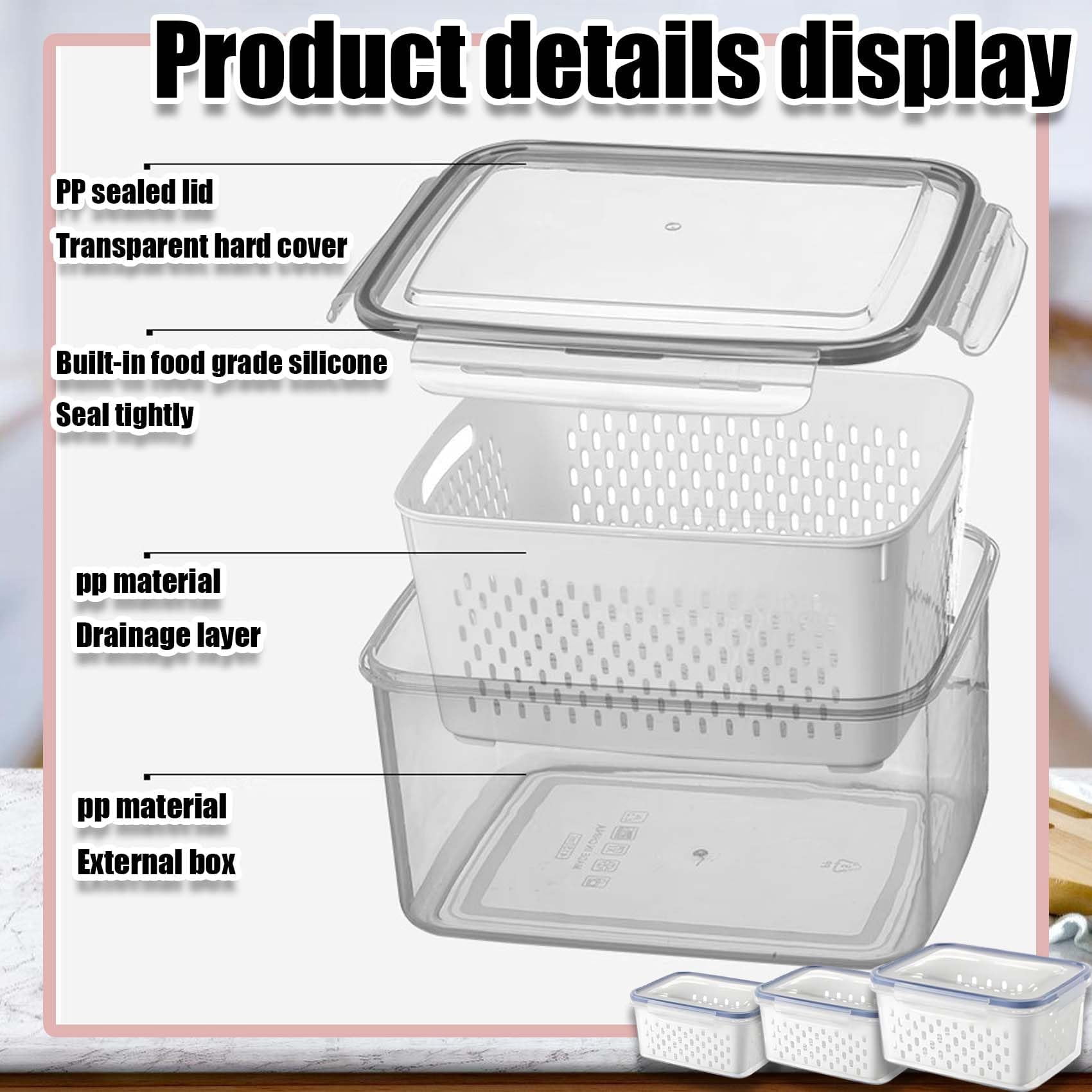 4 in 1 Food Storage Container, Produce Keeper Containers for Fridge, Household Transparent Plastic Food Storage Box-Including Drain Basket, For Vegetable and Berry, Kitchen Organizer