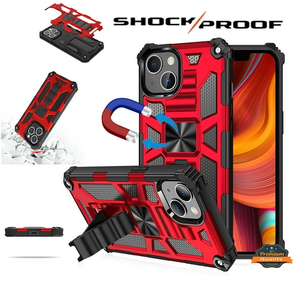 For Apple iPhone 13 (6.1") Built in Magnetic Kickstand, Military Hybrid Bumper Heavy Duty Dual Layers Rugged Protective Phone Case Cover by Xpression [Red]