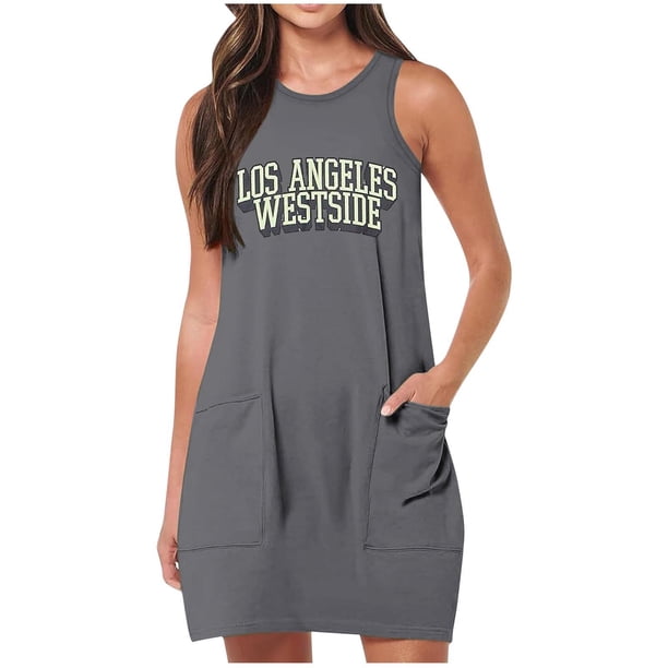 Vestido de Verano para Mujeres, Vestido de Cuello Redondo sin Mangas de Bolsillo de Impresión de Moda Casual Hecha de 95% Poliéster 5% Spandex para Primavera Verano, Vestido Sexy para Mujeres