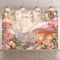thumbnail image 2 of 7x5FT Pink Mushroom House Forest Backdrop Glitter Fairy Tale Wonderland Flower Butterfly Lamp Photography Background Birthday Party Decorations Banner Supplies Photo Booth Props, 2 of 5