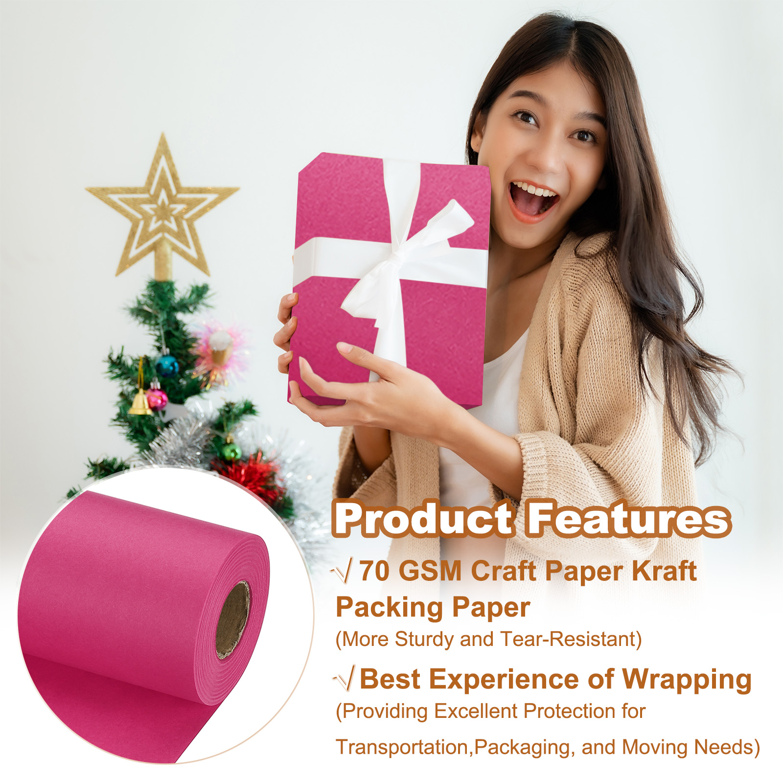 Uxcell 1 pack Wrapping Paper, Craft Paper Packing Paper 20" x 700"(59') Dark Pink