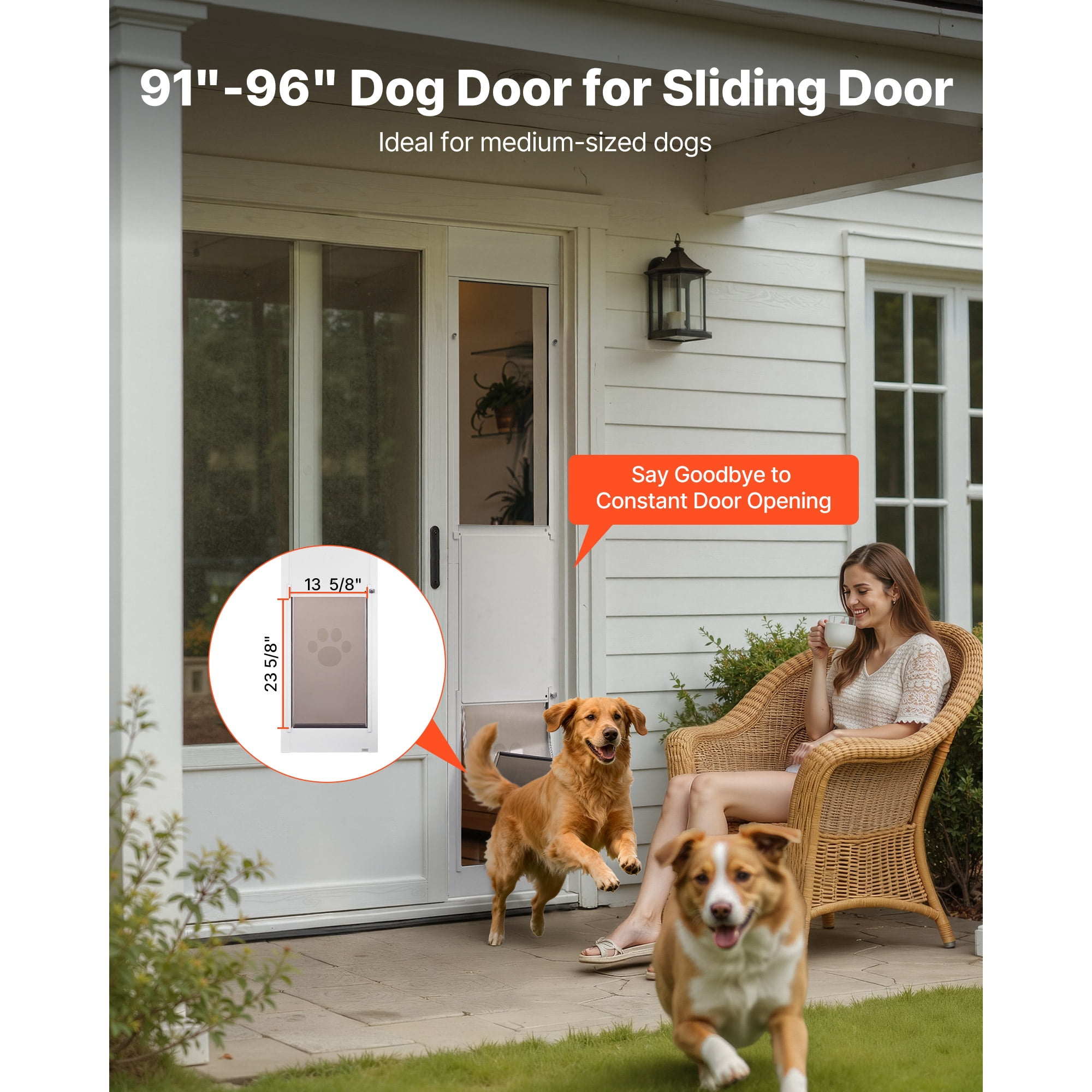 KFFKFF Adjustable Dog Door for Sliding Glass Doors, 91-96 in Height, Durable Aluminum Frame with Metal Hinges, Secure Lock, 13 5/8 x 23 5/8 in Flap, Ideal for Rental Homes
