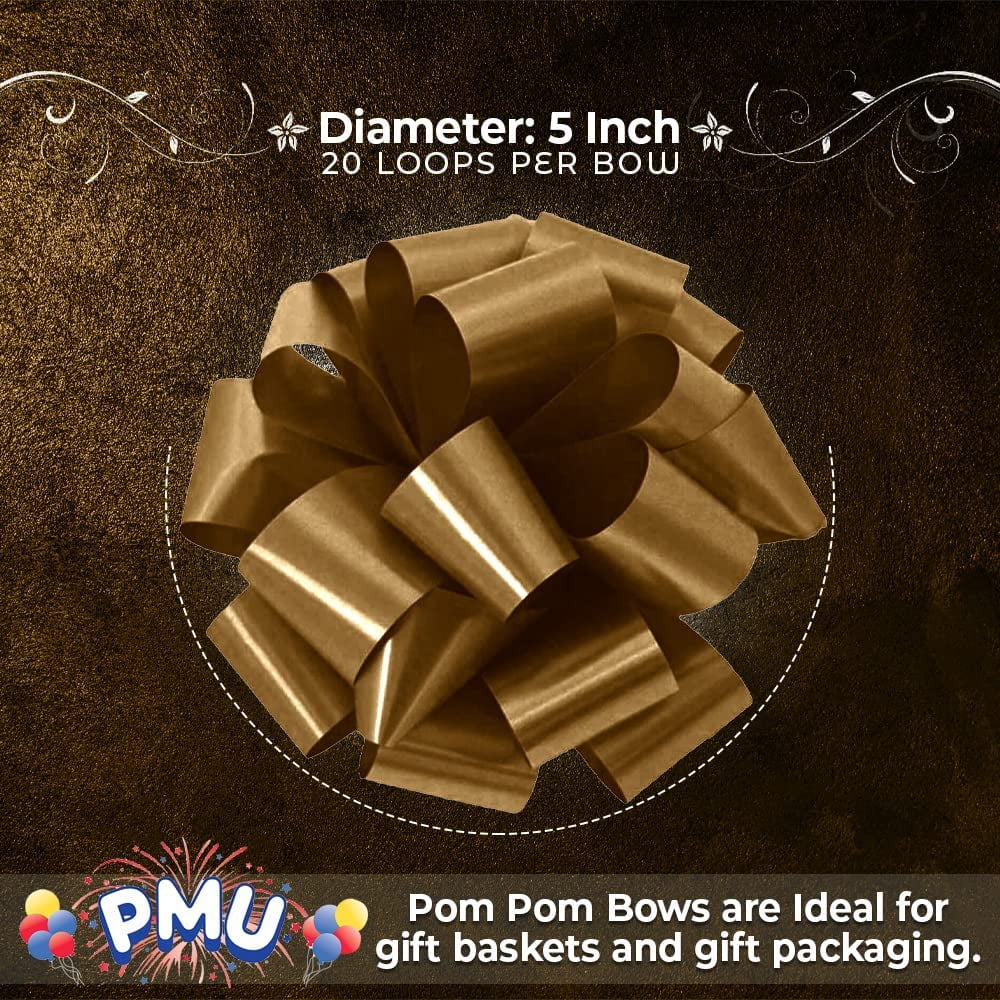 PMU Pom-Pom Pull-Apart - Pull Out Bows for Wedding, Birthdays & Anniversaries - Ribbon Bows for Flowers & Basket Decoration - Large Bow for Gift Wrapping - Gold 5 Inch 20 Loops (3/pkg) Pkg/1