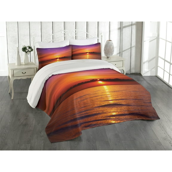 Ambesonne Romantic Quilted Coverlet 3 Pcs, Colorful Beach Sunset, Queen Size, Orange Purple