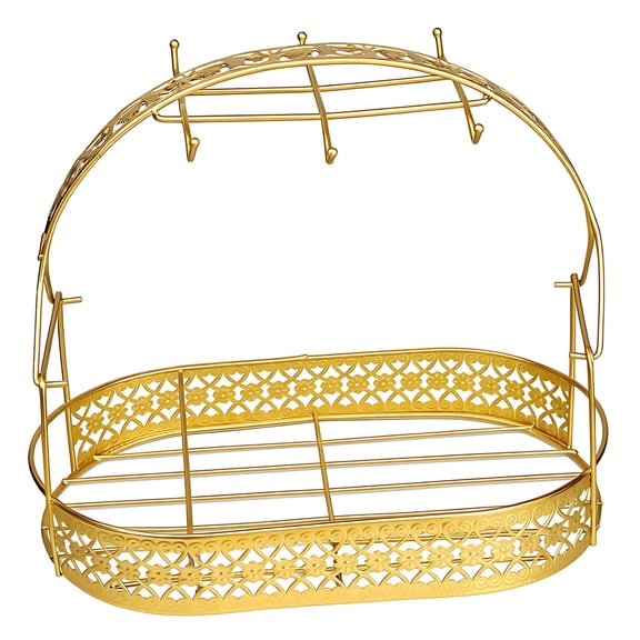 Mug Holder For Counter Top, Coffee Cup Organizer Storage Rack, Metal Mug Drying Rack with 6 Hooks, Gold-Plated Oval Design 11.4 in x 13.2 in x 7.7 in