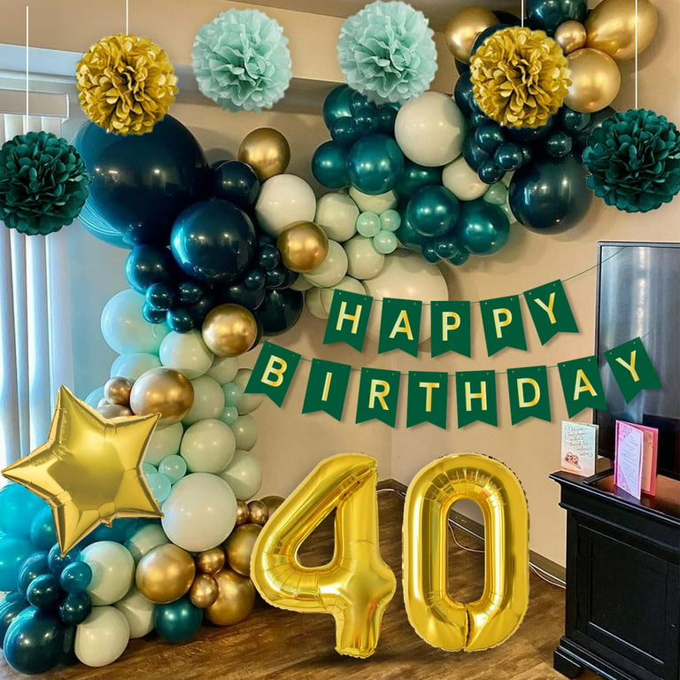 Yansion 40th Green and Gold Birthday Party Decorations, Green Birthday Balloons with Happy Birthday Banner, Paper Pompoms Hanging Swirl Streamers