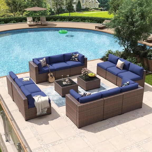 Aoxun 14 Piece Patio Furniture Set Wicker Rattan Patio Conversation Set Outdoor Sectional Sofa Set with Coffee Table and 4” Thickened Cushions, Blue(Waterproof Cover Included)
