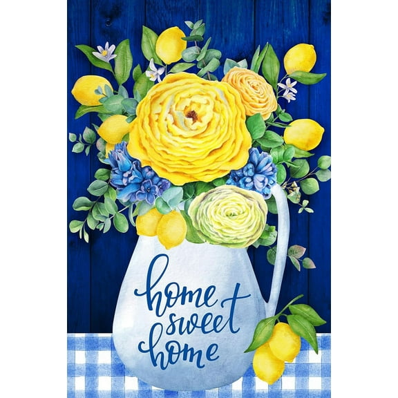 Home Sweet Home Blue and Yellow Flower Lemon Decoration Spring Summer Floral House Flag Buffalo Check Plaid Seasonal Holiday Outdoor Yard Banner 28" x 40"