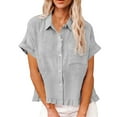 thumbnail image 3 of Horkkom Button Down Shirts for Women Short Sleeve Linen Shirts Summer Loose Solid Color Casual Tops with Pocket L, 3 of 10
