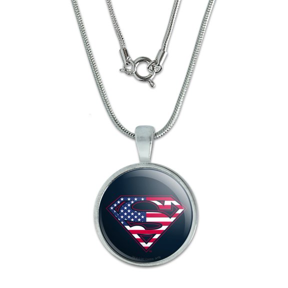 Superman USA American Flag Shield Logo 0.75" Pendant with Sterling Silver Plated Chain