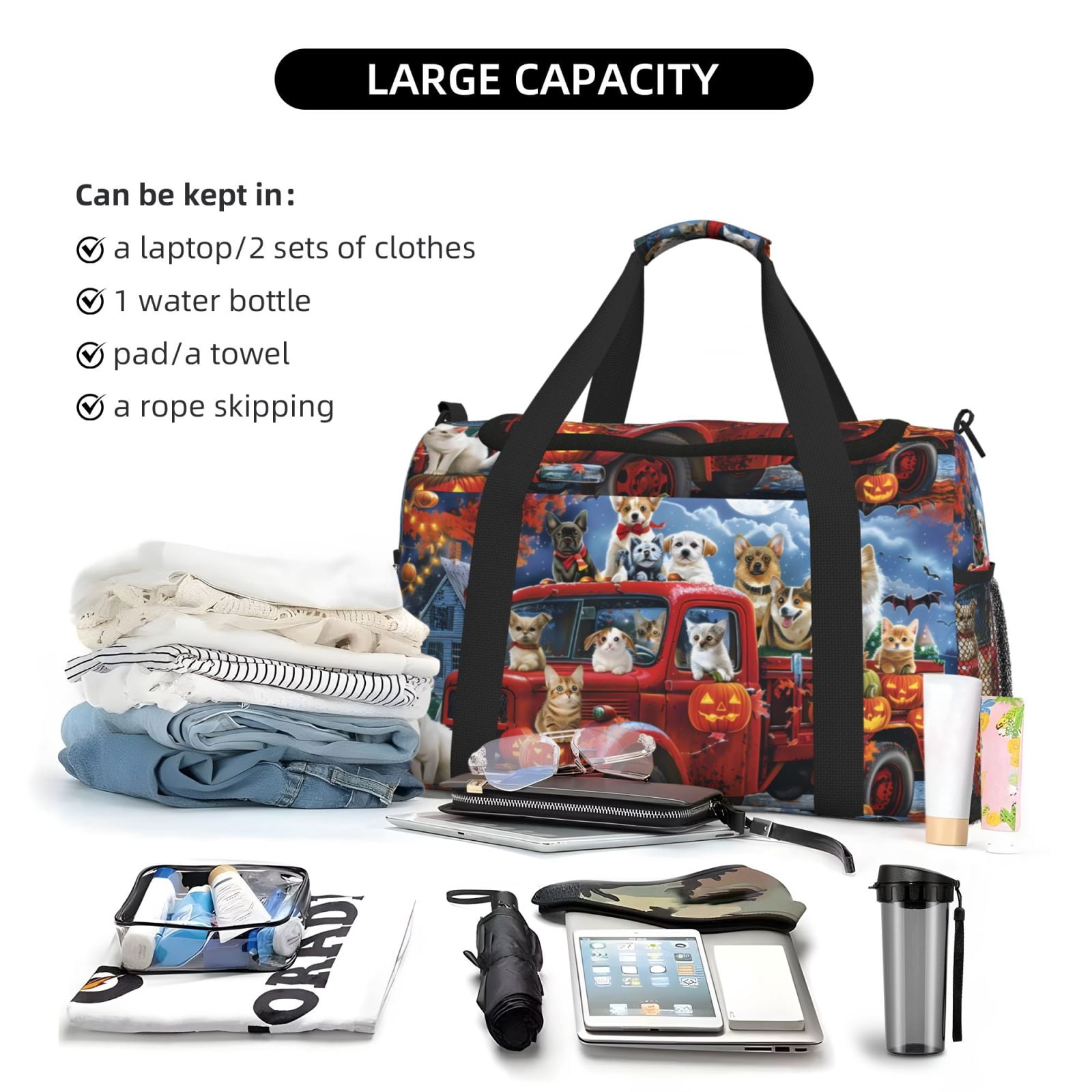 Fuzoiu Halloween Pets Pumpkins Print Travel Duffle Bag,Carry On Tote Bags,Duffel Bag,Sport Gym Bag, Hospital Bag for Labor and Delivery, Overnight Bag,Luggage Bag