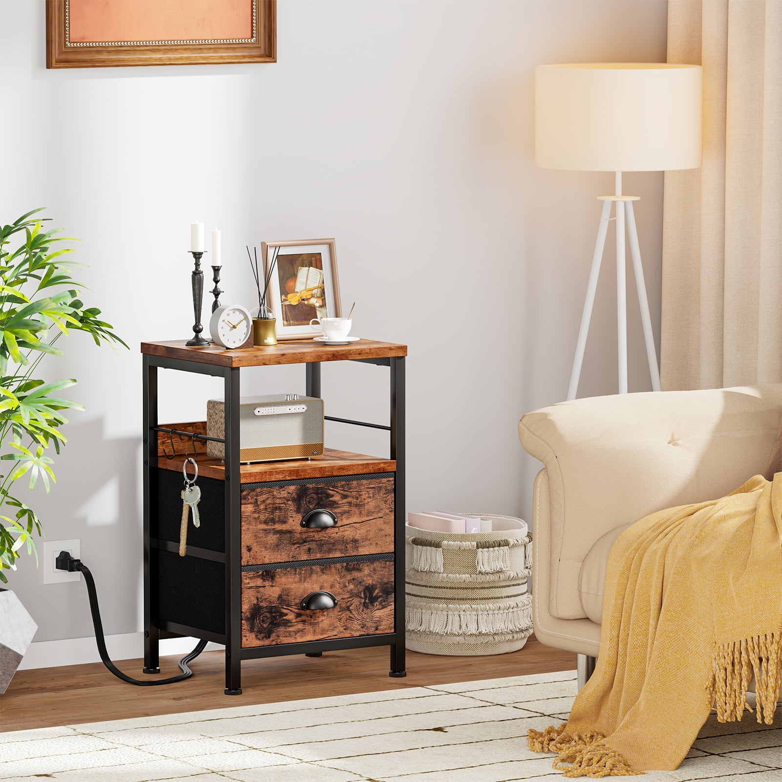 Satifur Nightstand with Charging Station, Bedside End Table with Fabric Drawers,Outlets & USB Ports, Rustic Brown,Set of 2