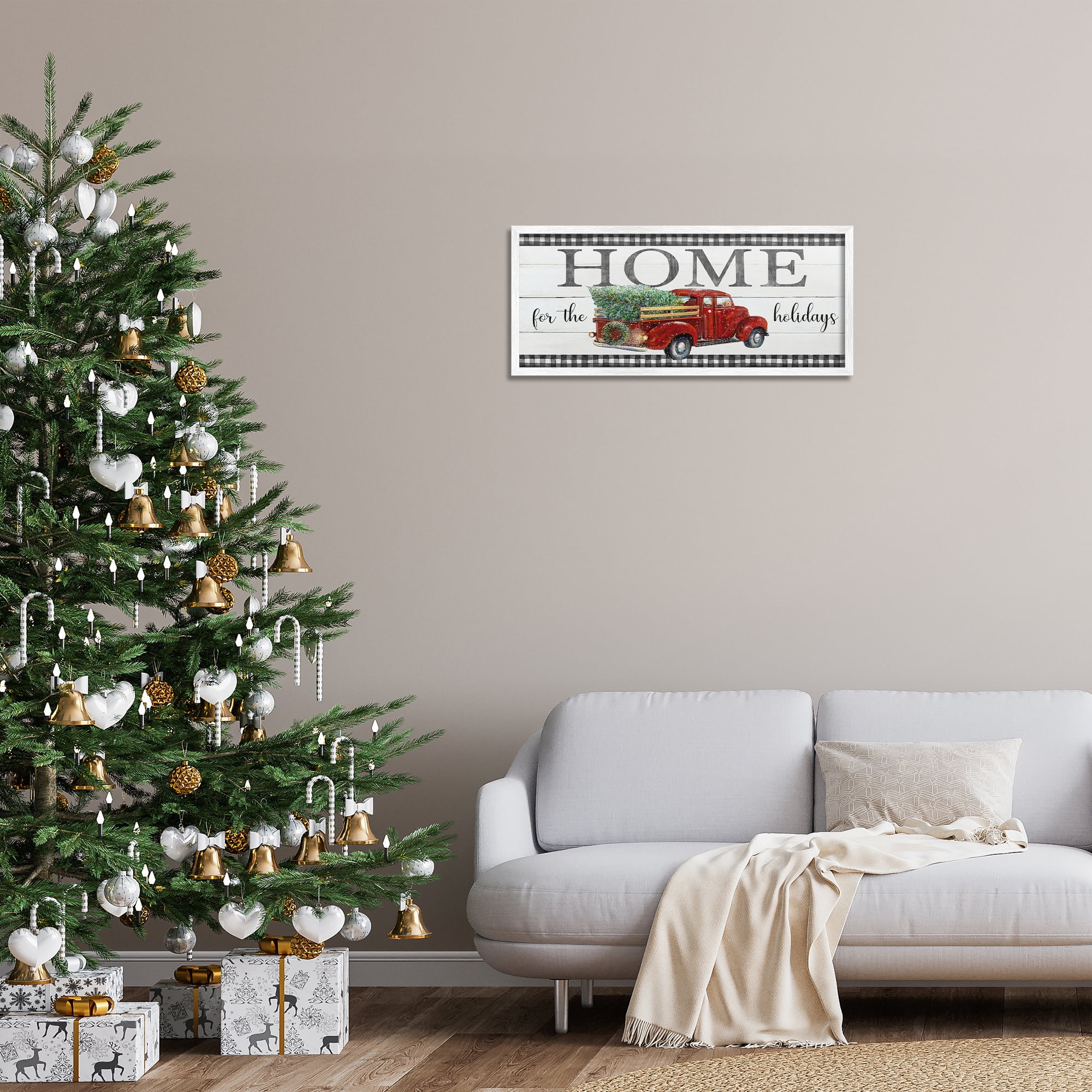 Stupell Industries Home For Holidays Truck Holiday Painting White Framed Art Prints Wall Art, 30 x 13