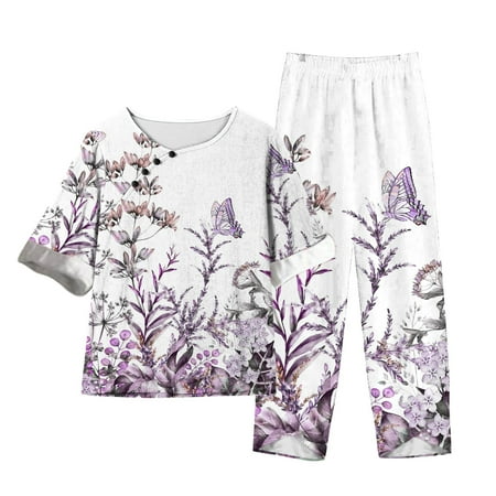 

Womens Pajama Sets Short Sleeve Round Neck T-Shirts Wide Leg Long Pants Sets Summer Loose Sleepwear Lounge Matching Sets (Medium Pink 24)