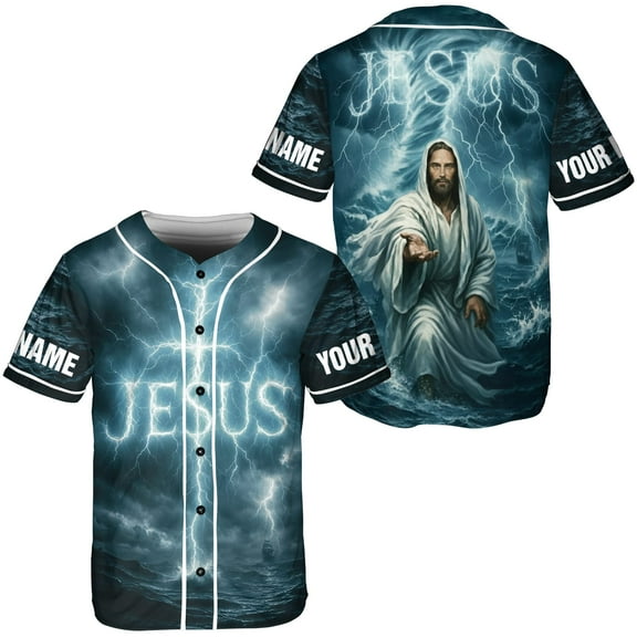 Lotusprinthandmade Personalized Jesus Christian Baseball Jersey XS-5XL Multicolor (XS), Faith Graphic Sport Tee Stormy Sea Design