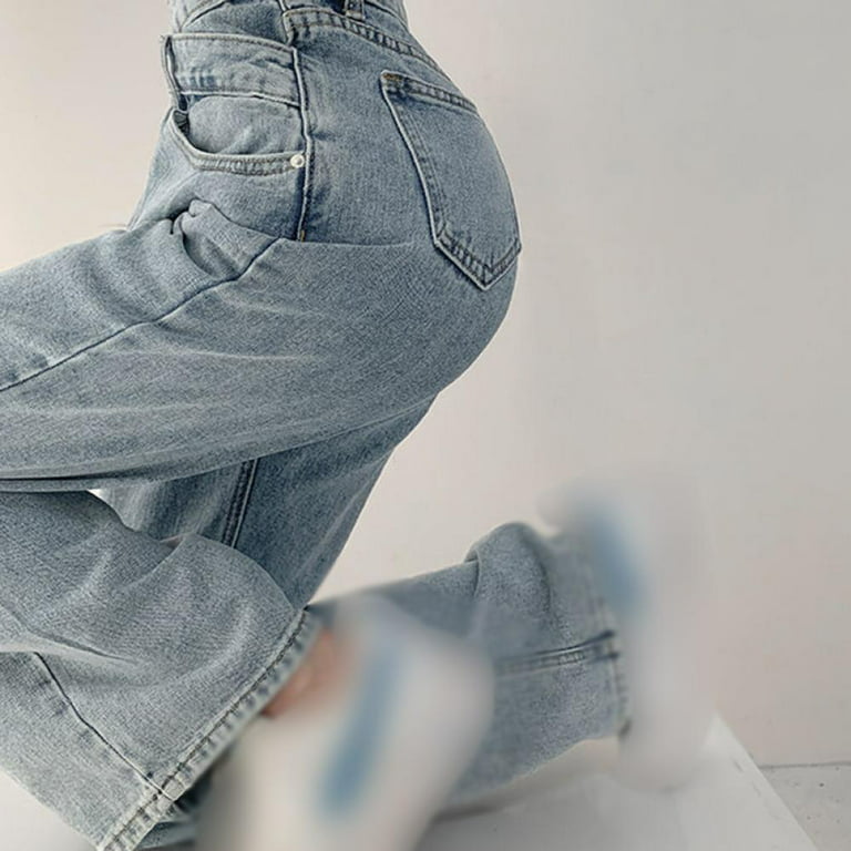 TINKER Women's Pull-on Boyfriend Jeans, Baggy Cross Over Asymmetric Retro  Jean, High-waist Design, Washed Straight Denim Pant Vintage 90s Streetwear  