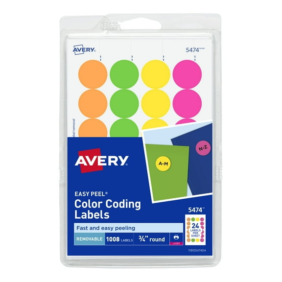 Avery Printable Color-Coding Labels, Removable Adhesive, 3/4" Round, Assorted Neon, 1,008 Labels (5474)