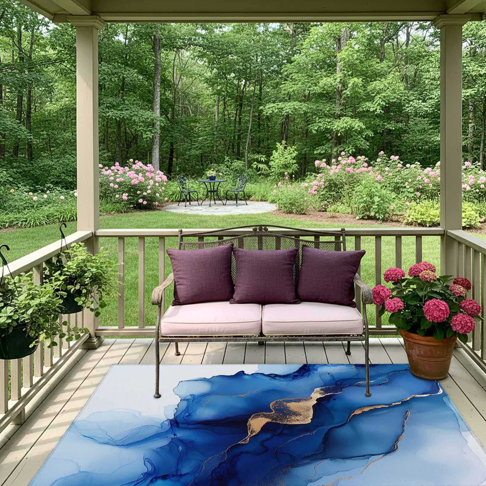 Outdoor Rug 5x8ft Abstract Ombre Blue Marble Large Area Rug White Modern Art Indoor Outdoor Carpet Outdoor Rugs Mats for Patio Camping,RV,Front Door, Outside Decor