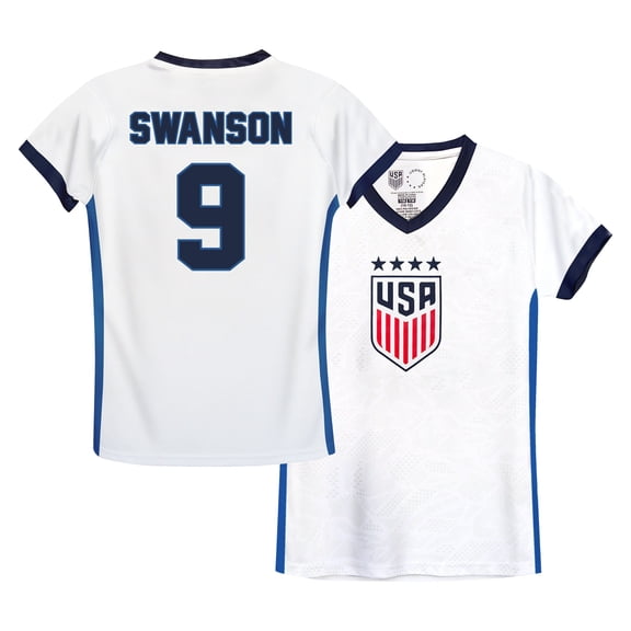 Icon Sports Official Licensed U.S. Soccer 4 Star USWNT Player’s Girl's Game Day Shirt Tee - Youth Soccer Gear - Swanson, White, Blue, Medium