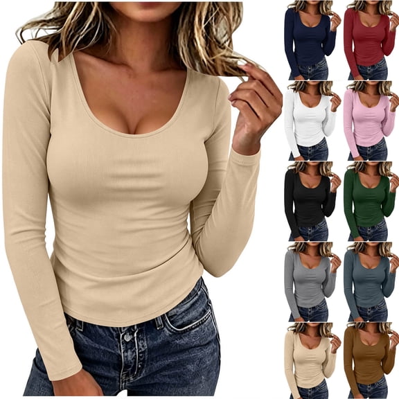 YanHoo Long Sleeve Shirts for Women Trendy Scoop Neck T-Shirts Slim Fit Tunic Tops Comfy Basic Solid Color Tee