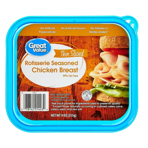 Great Value Rotisserie Chicken Lunchmeat, 9 oz Plastic Tub, 10g of Protein per 2oz Serving